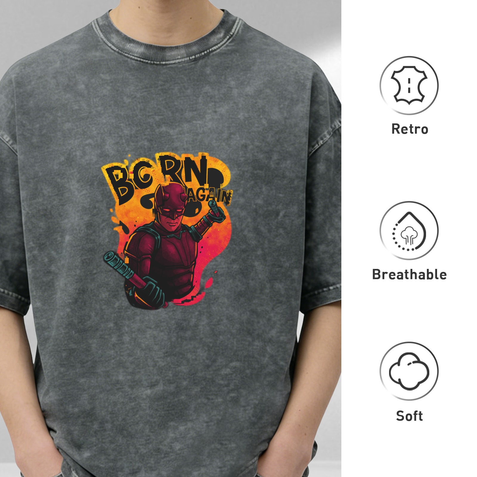 Oversized Dark Wash T-Shirt With Daredevil Born Again Graphic Print