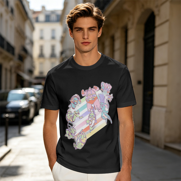 Olive Green T-Shirt With Pastel Whimsical Character Art Print