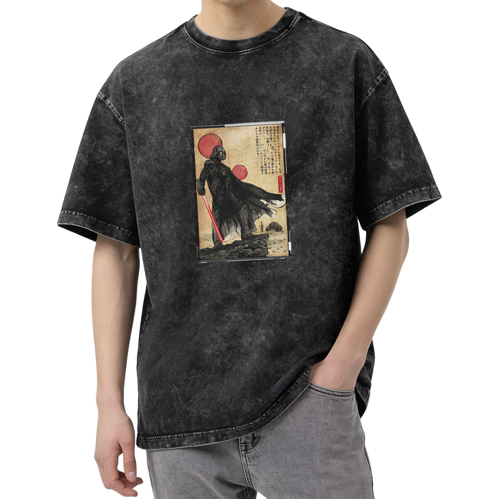Distressed washed black loose short-sleeved T-shirt Japanese Ukiyo-e style Darth Vader pattern printed top