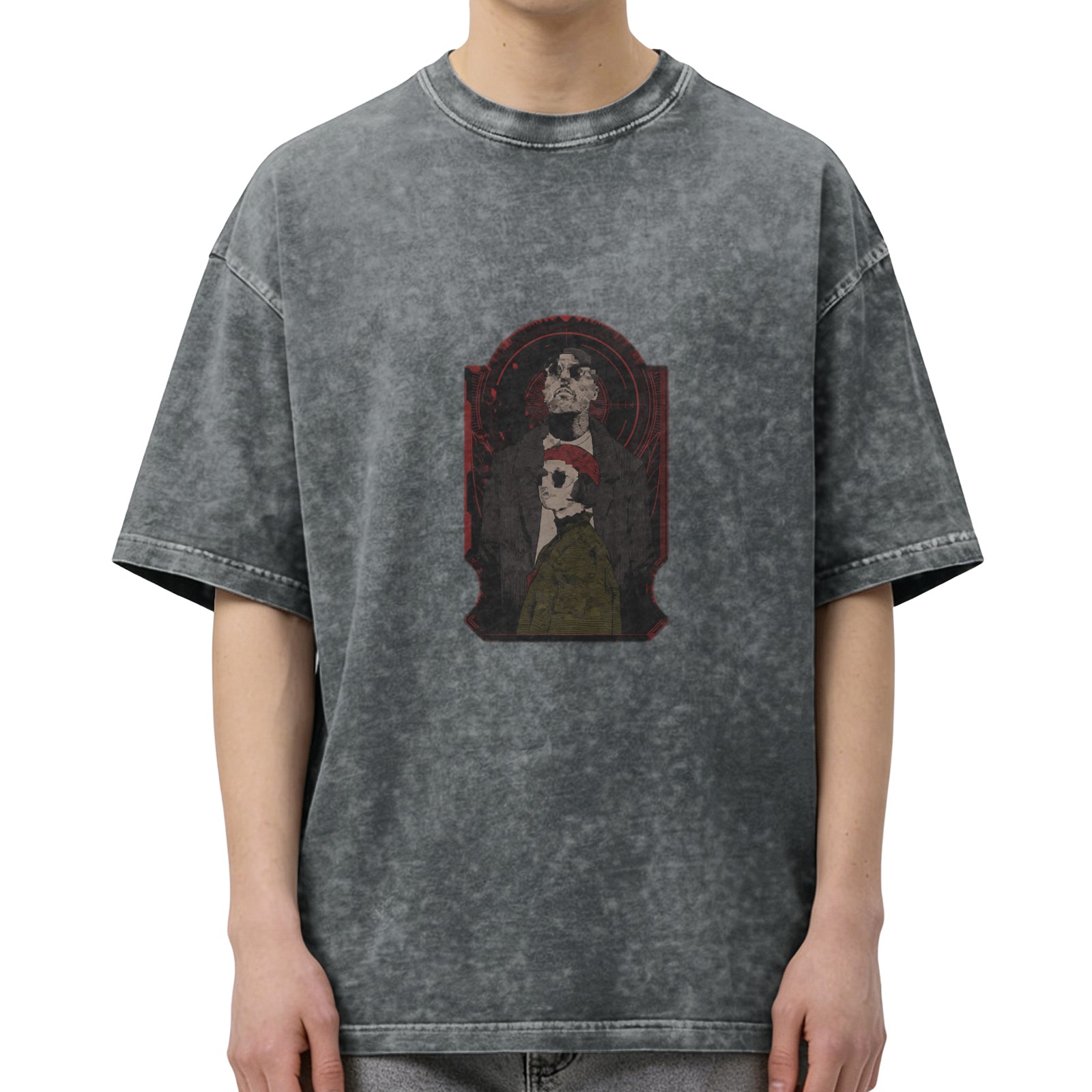 Distressed washed black loose short-sleeved T-shirt This killer is not too cold theme print