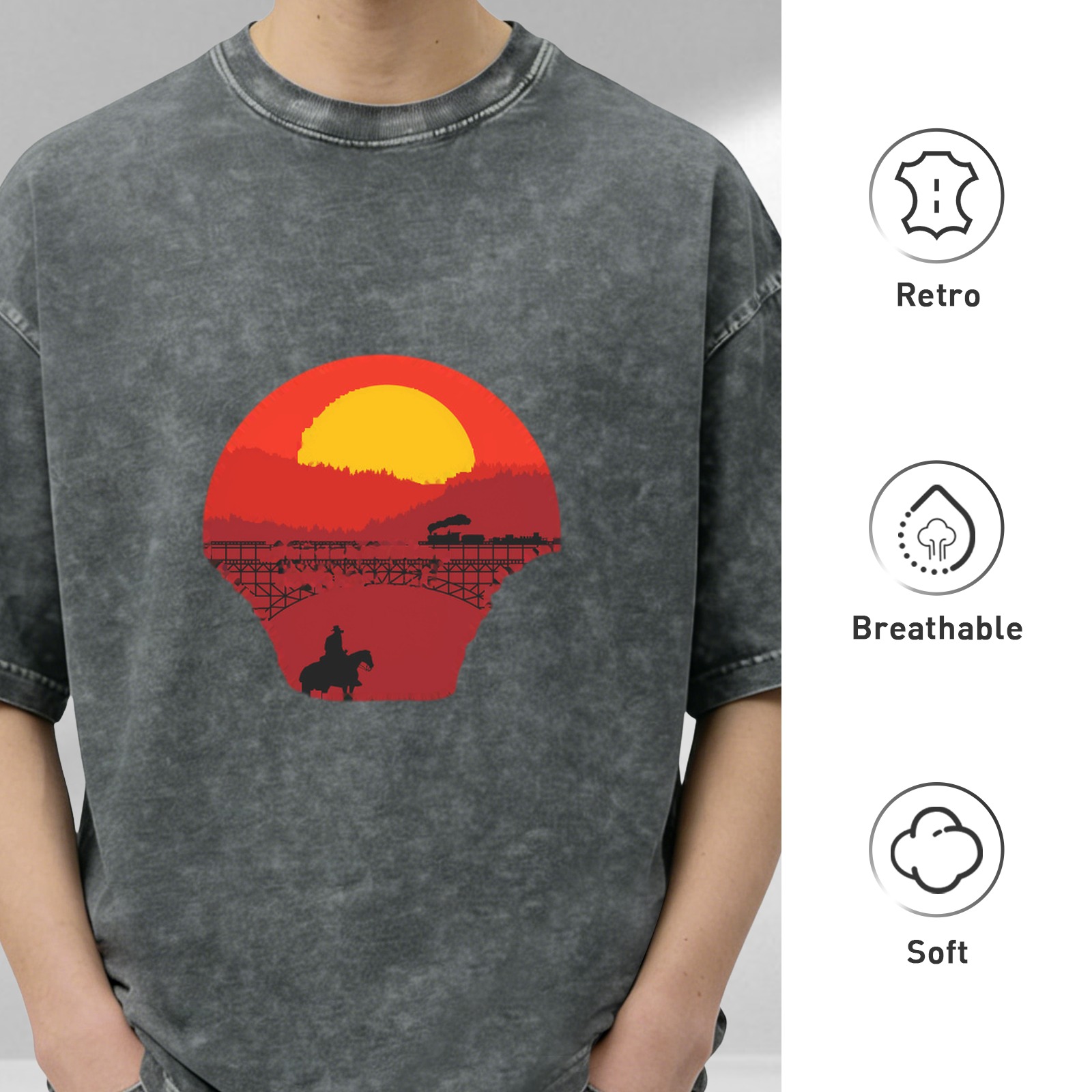 Washed Black T-Shirt with Western Sunset Cowboy and Train Graphic