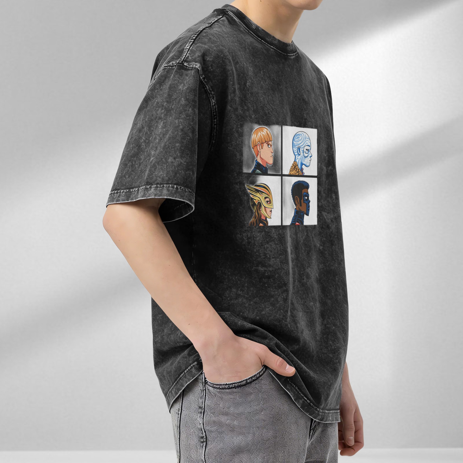Oversized Dark Wash T-Shirt With Four Superhero Character Portraits