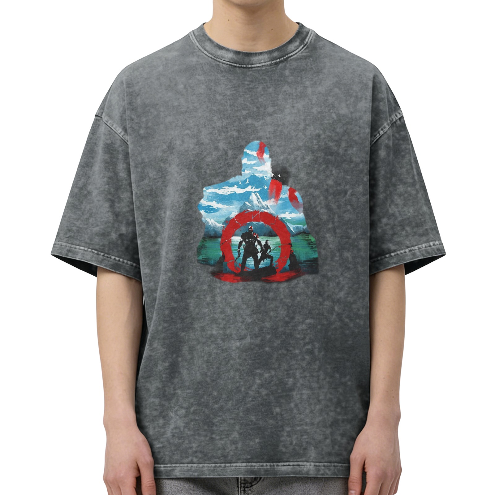 God of War themed distressed printed short-sleeved T-shirt, washed black loose style