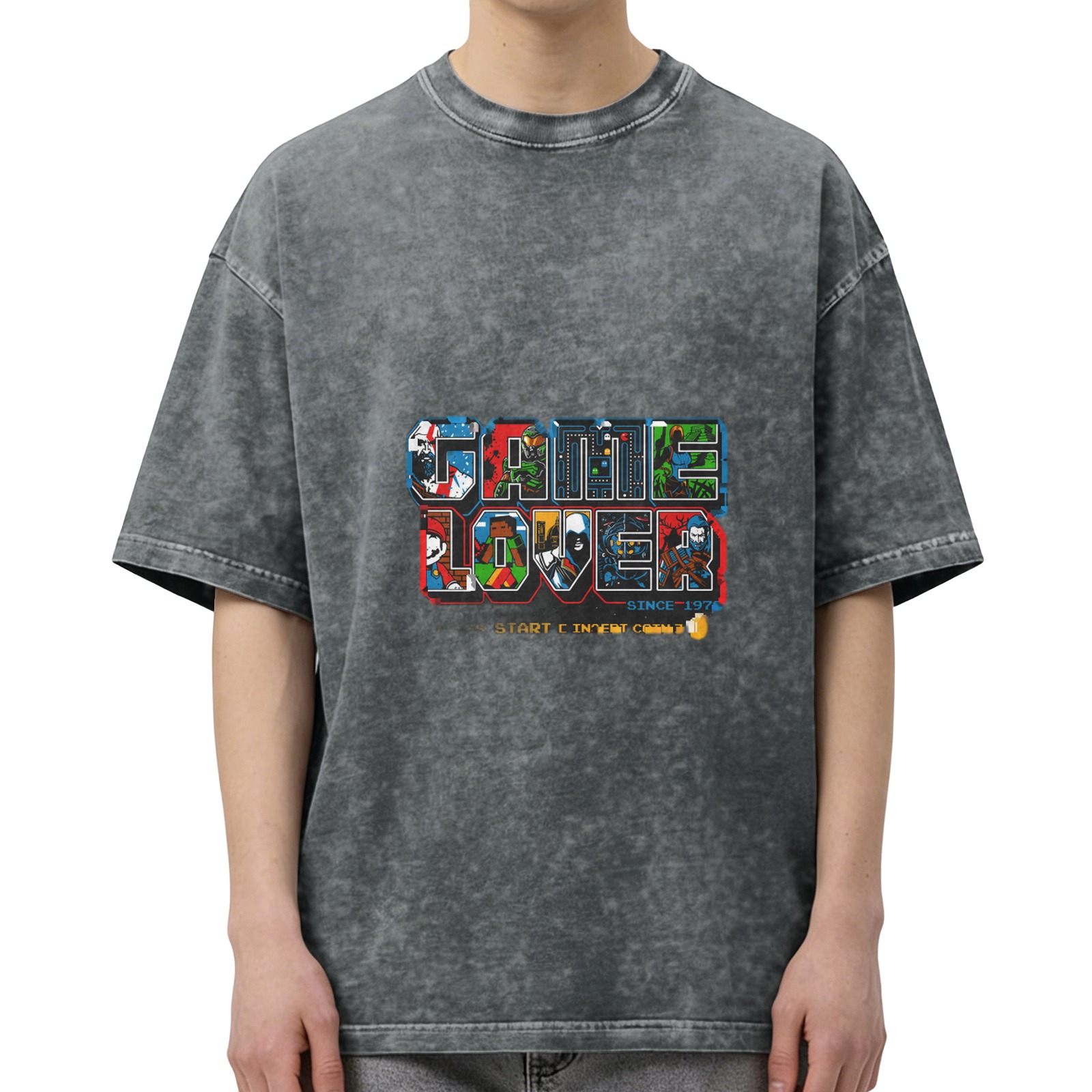 Game Lover retro washed distressed short-sleeved T-shirt game-themed printed casual top