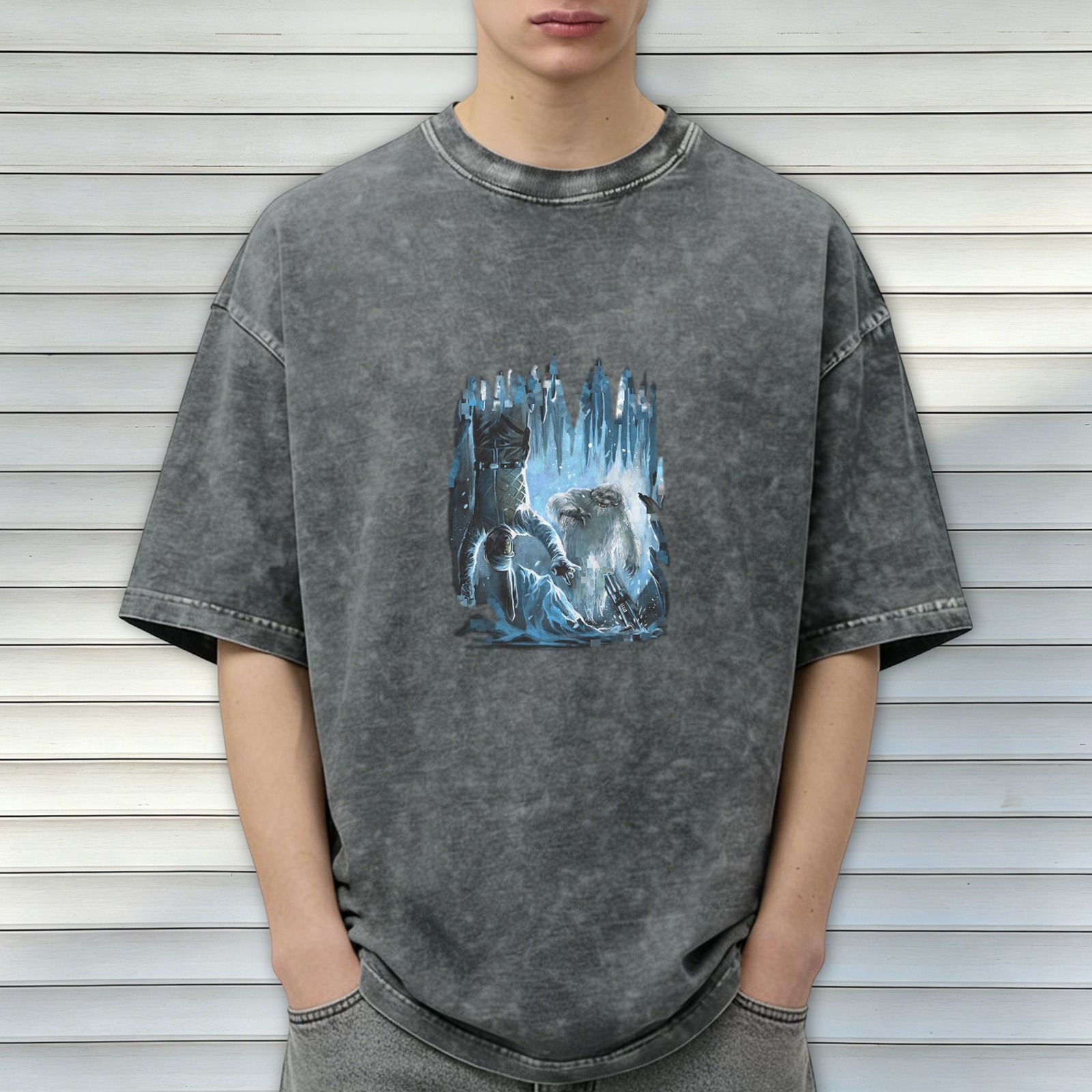 Oversized Acid Wash T-Shirt With Ice Fantasy Graphic Print