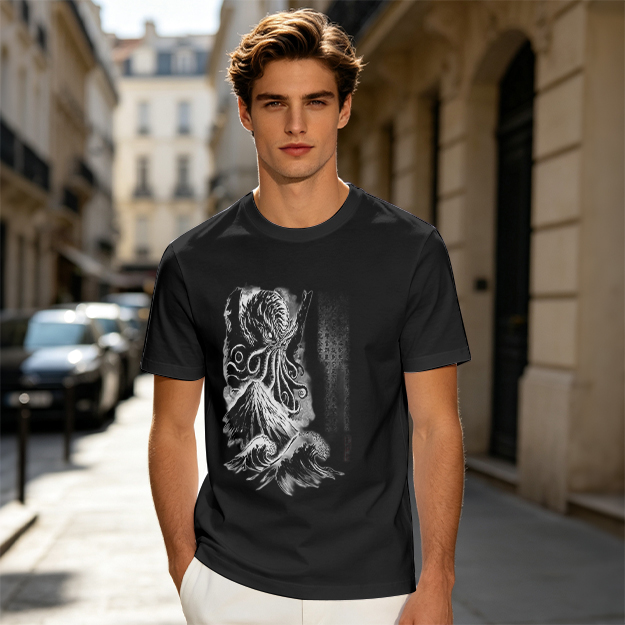 Olive T-shirt with Cthulhu and Wave Gothic Art Print