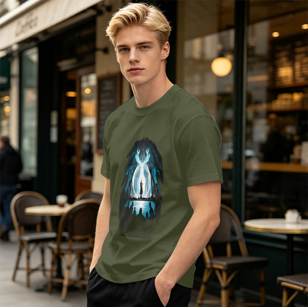 Olive T-Shirt With Glowing Deer Patronus Silhouette Art Print