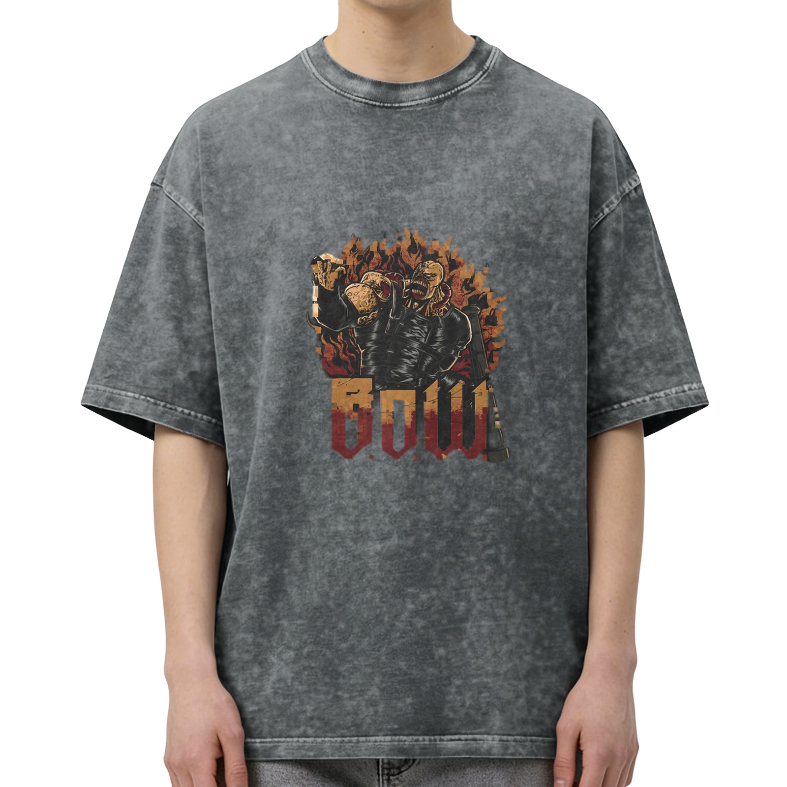 Oversized Dark Wash Graphic T-Shirt with Fiery Monster and BOW Print