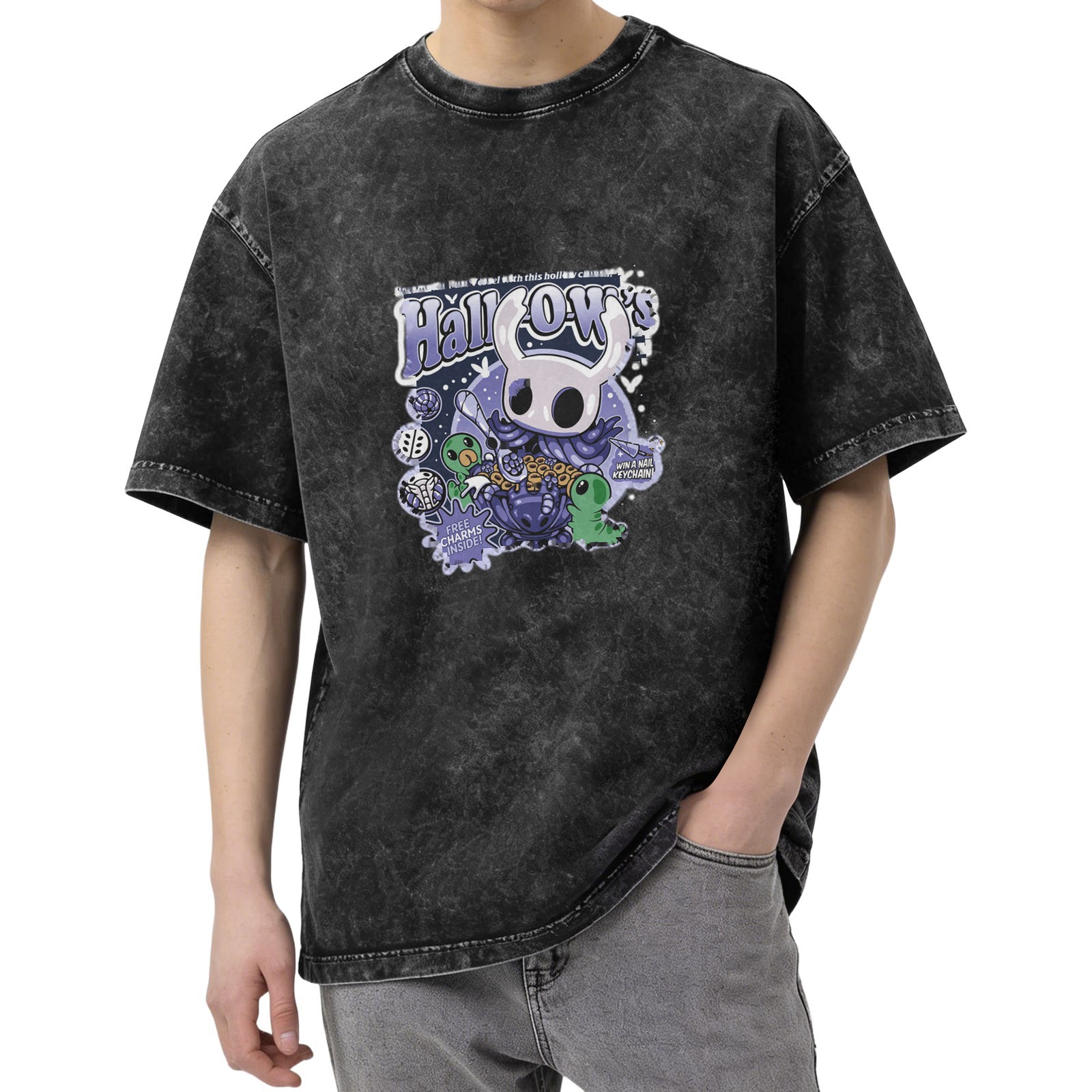 Hollow Knight themed washed distressed short-sleeved T-shirt dark style loose casual top