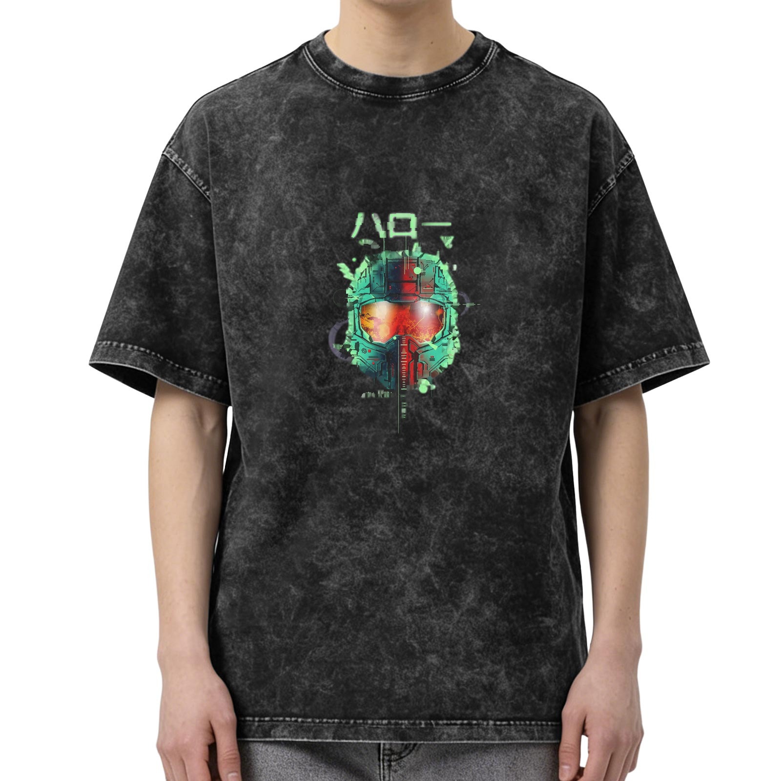 Oversized Black Acid Wash T-Shirt With Cyberpunk Helmet Graphic Print