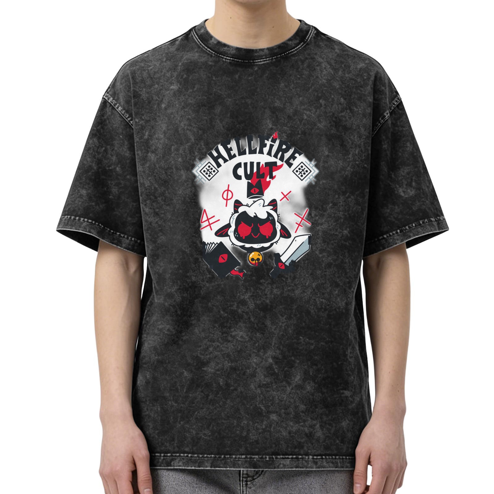 Distressed black HELLFIRE CULT cartoon lamb print loose short-sleeved T-shirt