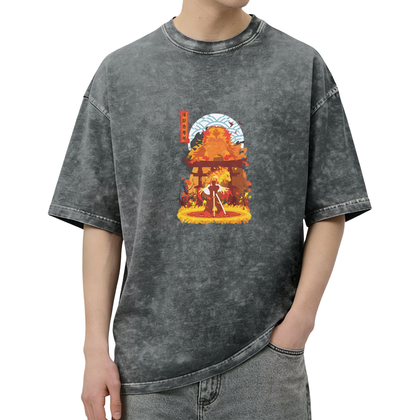 Distressed washed black flame warrior graphic short-sleeved T-shirt