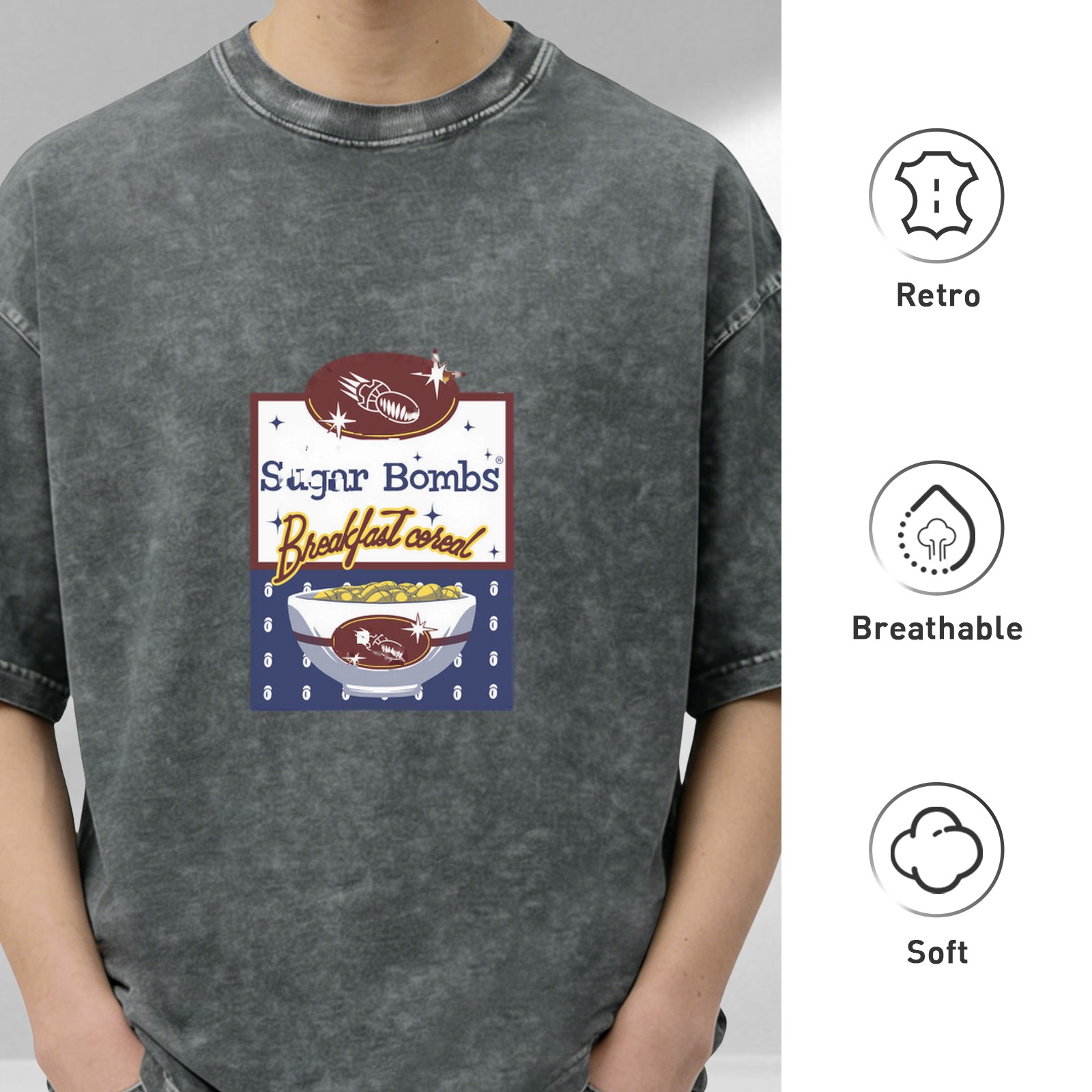 Sugar Bombs Breakfast Cereal Graphic Black Acid Wash T-Shirt