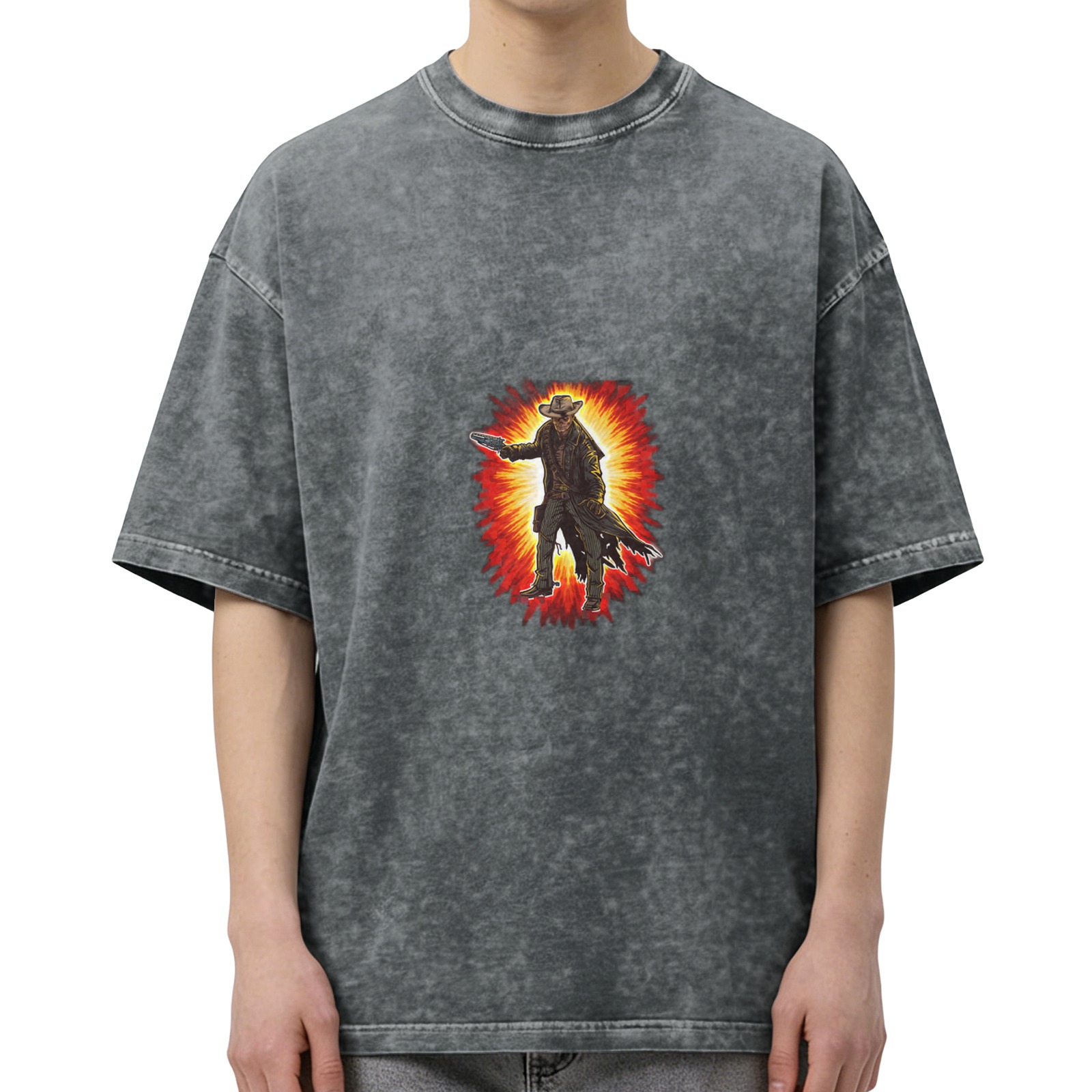 Oversized Dark Wash T-Shirt With Western Gunslinger Explosion Graphic