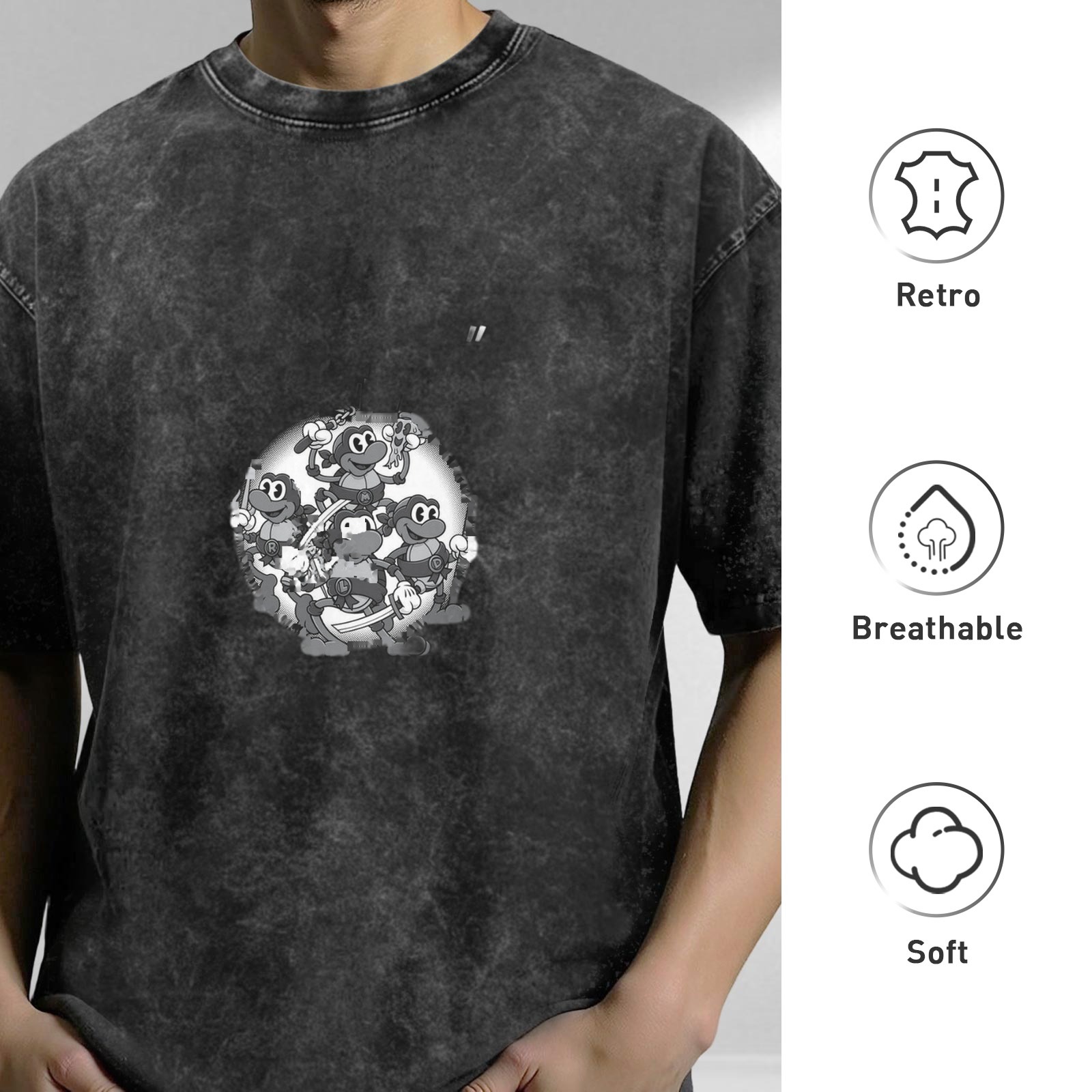 oversized black acid wash t-shirt with retro cartoon turtle graphic