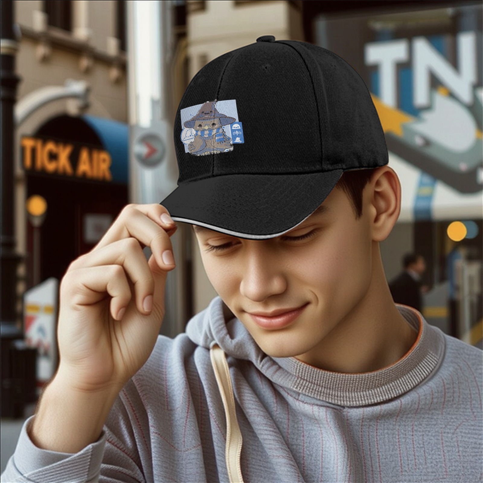 Black Baseball Cap With Cute Wizard Owl Graphic Print
