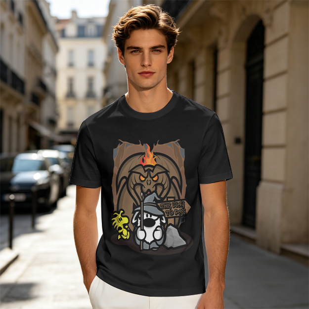 Olive t-shirt with wizard dog and dragon cave graphic