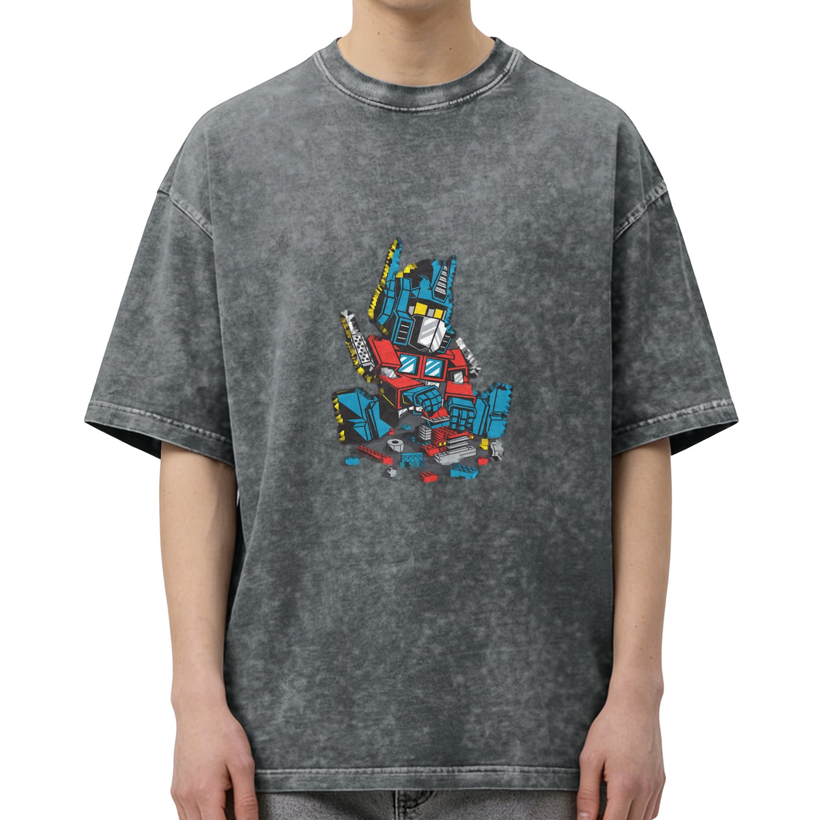 Distressed black loose short-sleeved T-shirt Transformers Optimus Prime broken pattern printed top