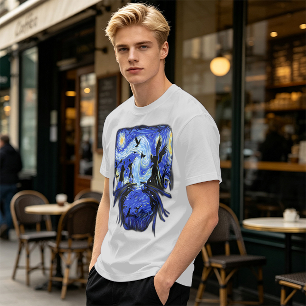 Olive T-Shirt with Starry Night Style Fantasy Art Print