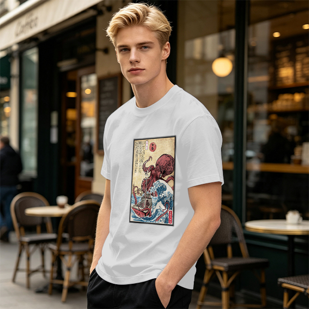 Olive T-shirt with Japanese octopus and wave woodblock print