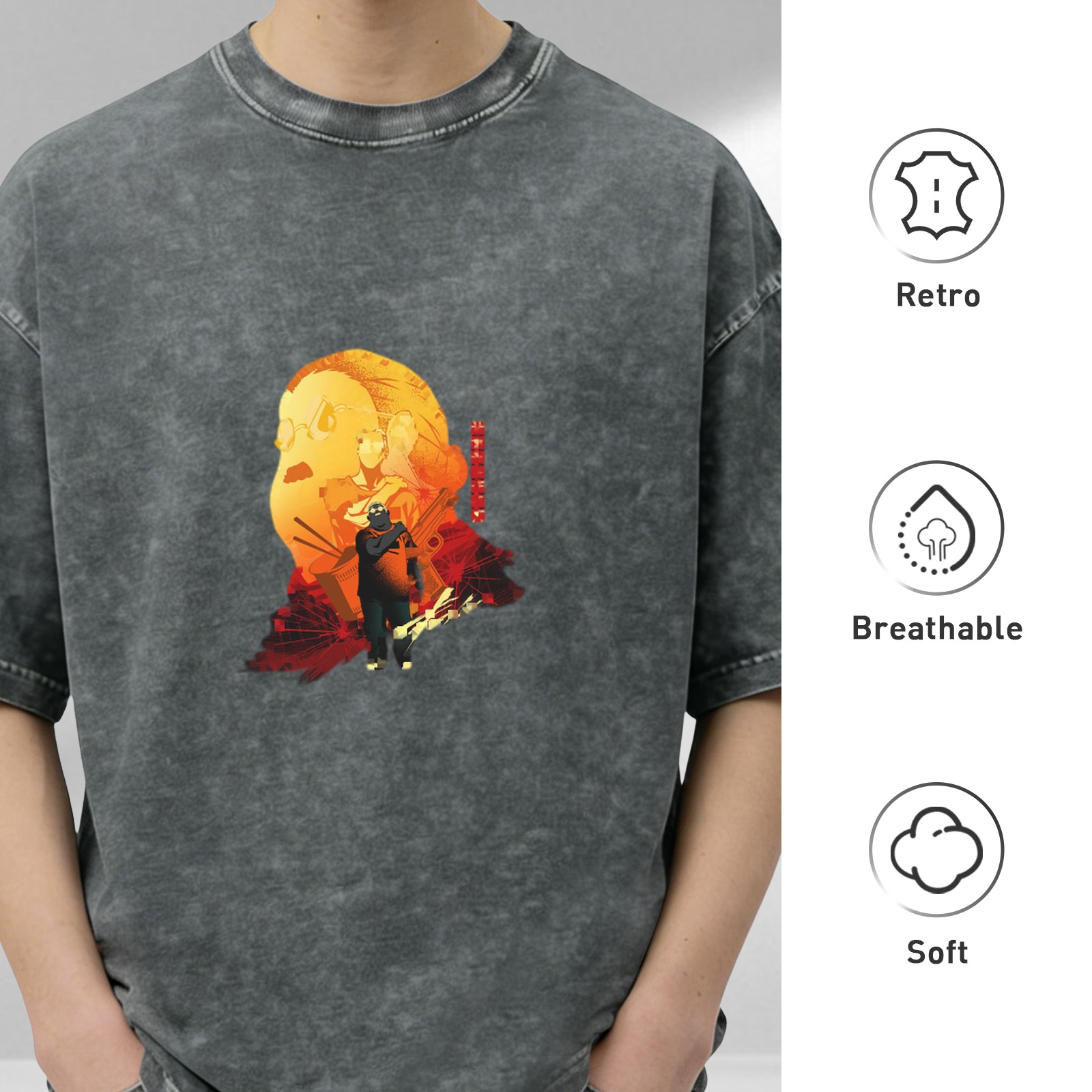 Oversized Acid Wash Anime Graphic T-Shirt