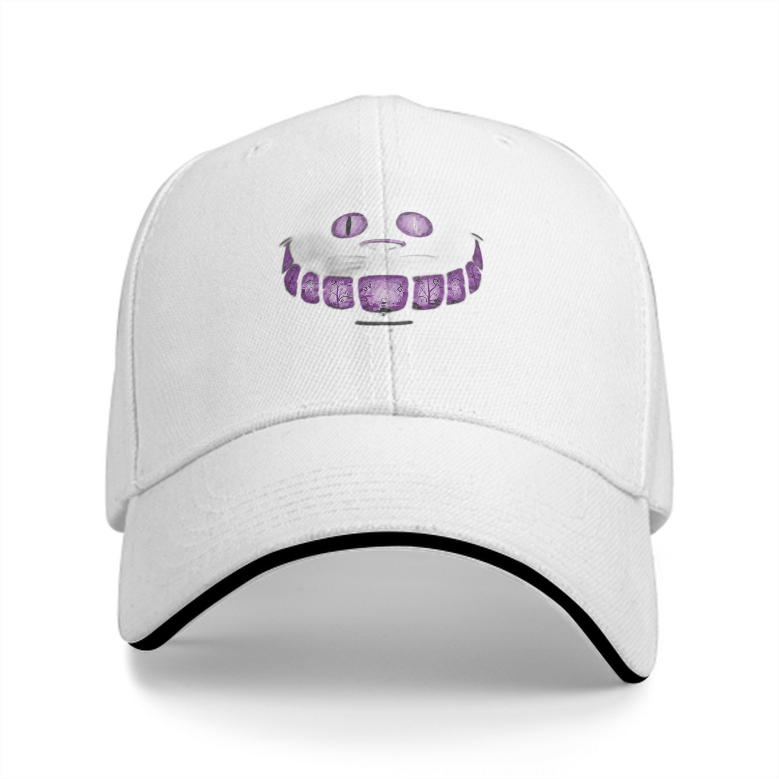 Black Baseball Cap with Cheshire Cat Purple Grin Print