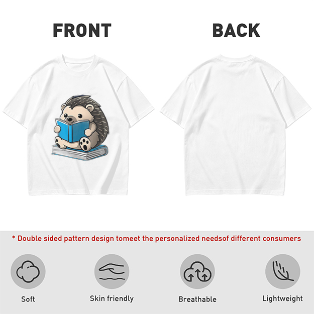 Olive T-shirt with Cute Hedgehog Reading a Book Graphic
