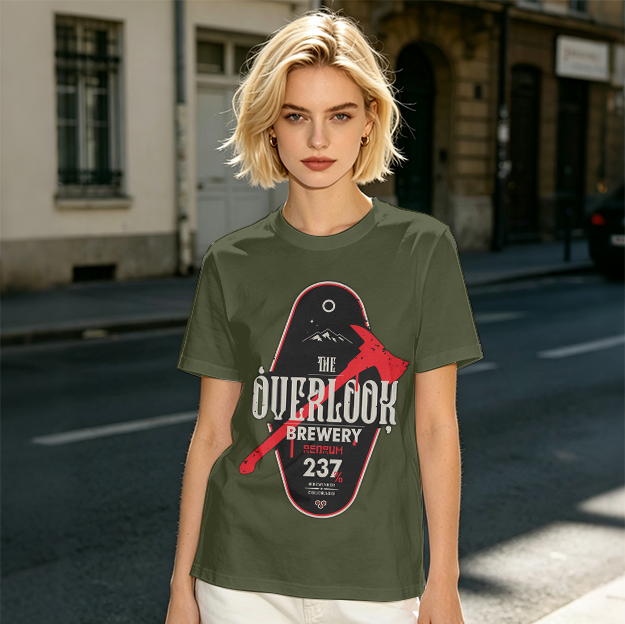 Olive green t-shirt with The Overlook Brewery axe graphic