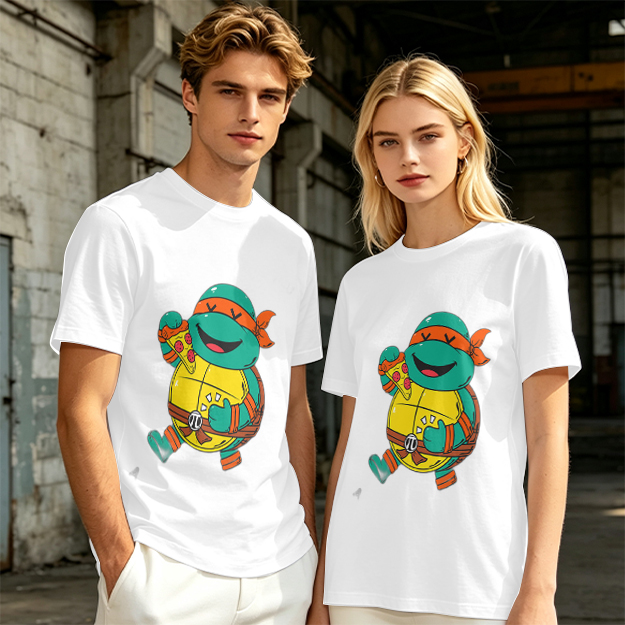 Olive T-shirt with cartoon ninja turtle holding pizza graphic