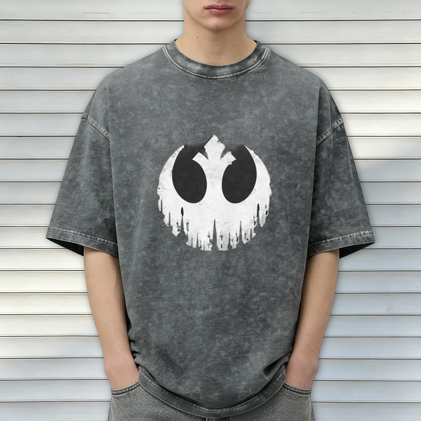 Washed Black T-Shirt with Skull Rebel Alliance Mashup Graphic