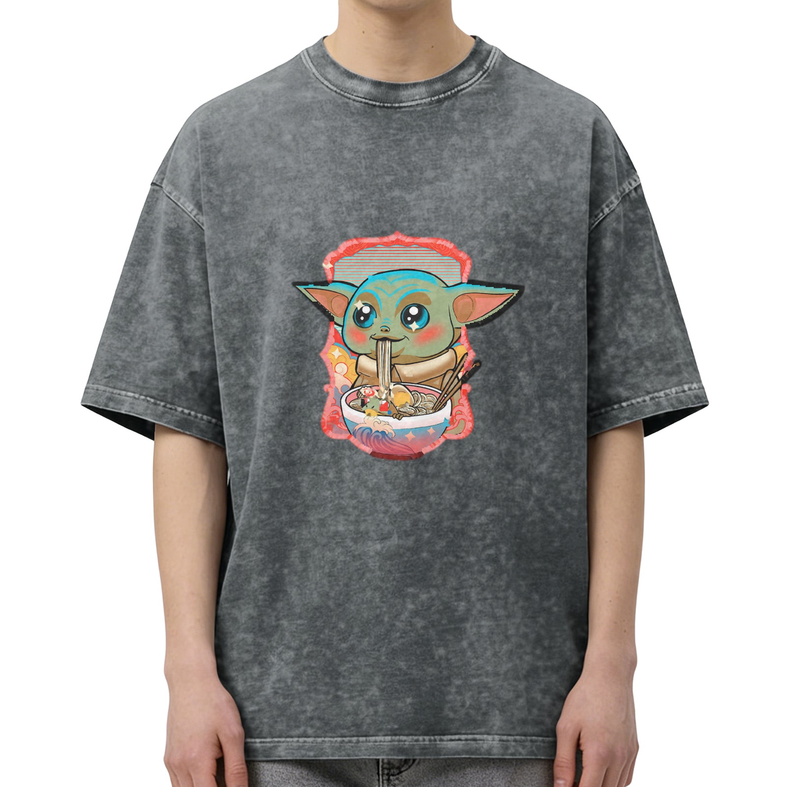 Washed black graphic t-shirt with Baby Yoda eating ramen design