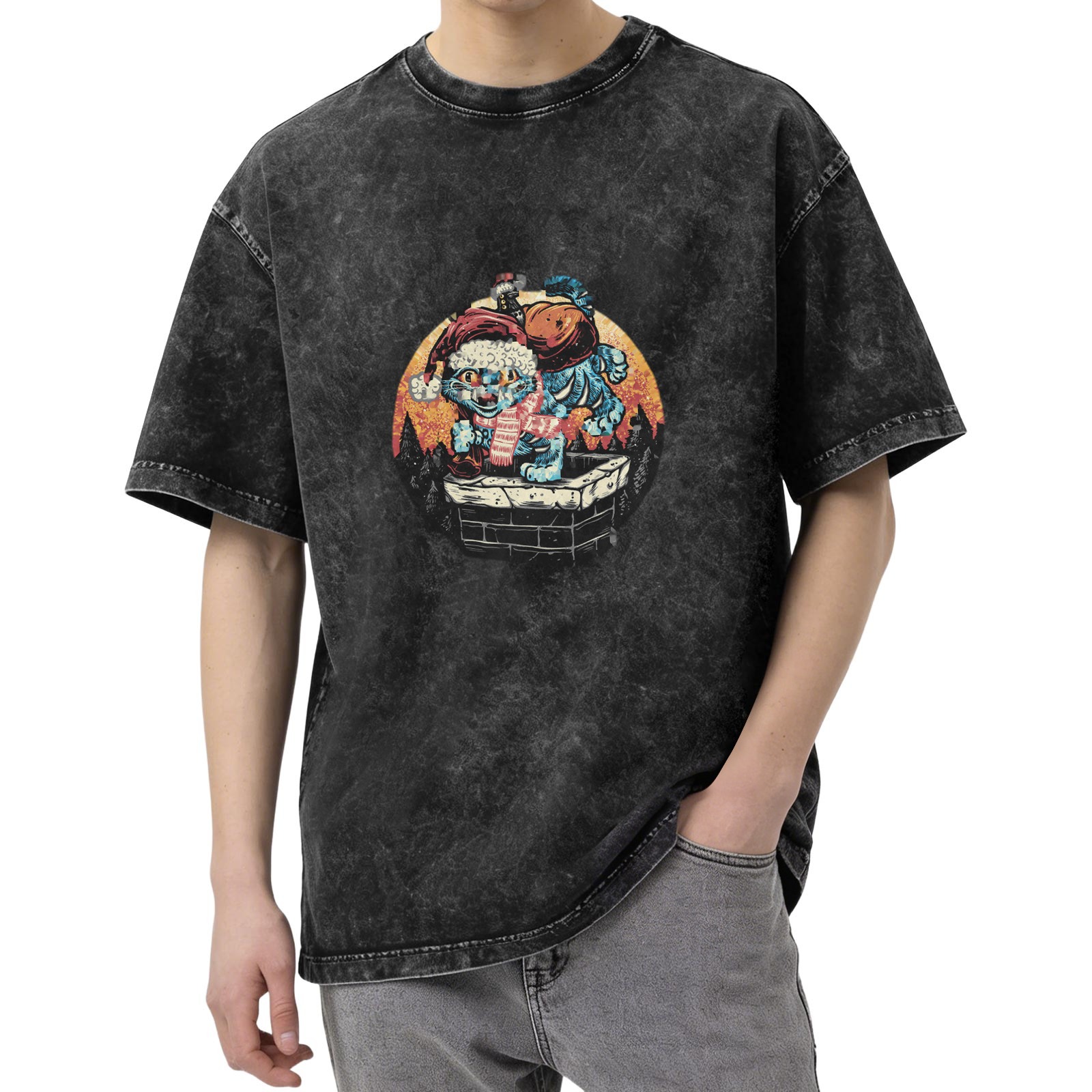 Vintage Christmas Cat Chimney Graphic Acid Wash T-Shirt