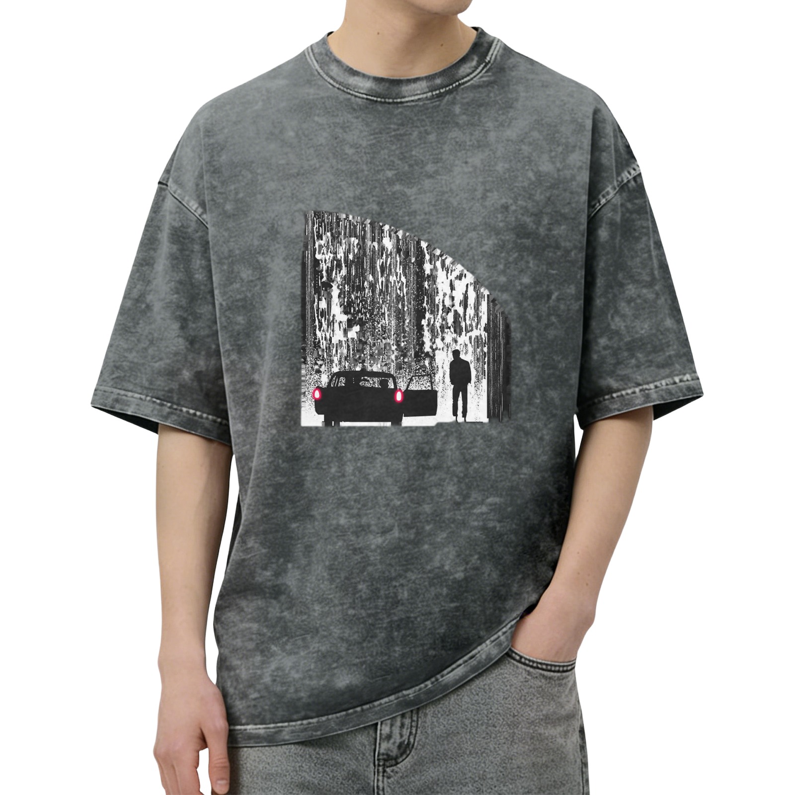 Oversized Acid Wash T-Shirt With Rainy Night Car Silhouette Graphic