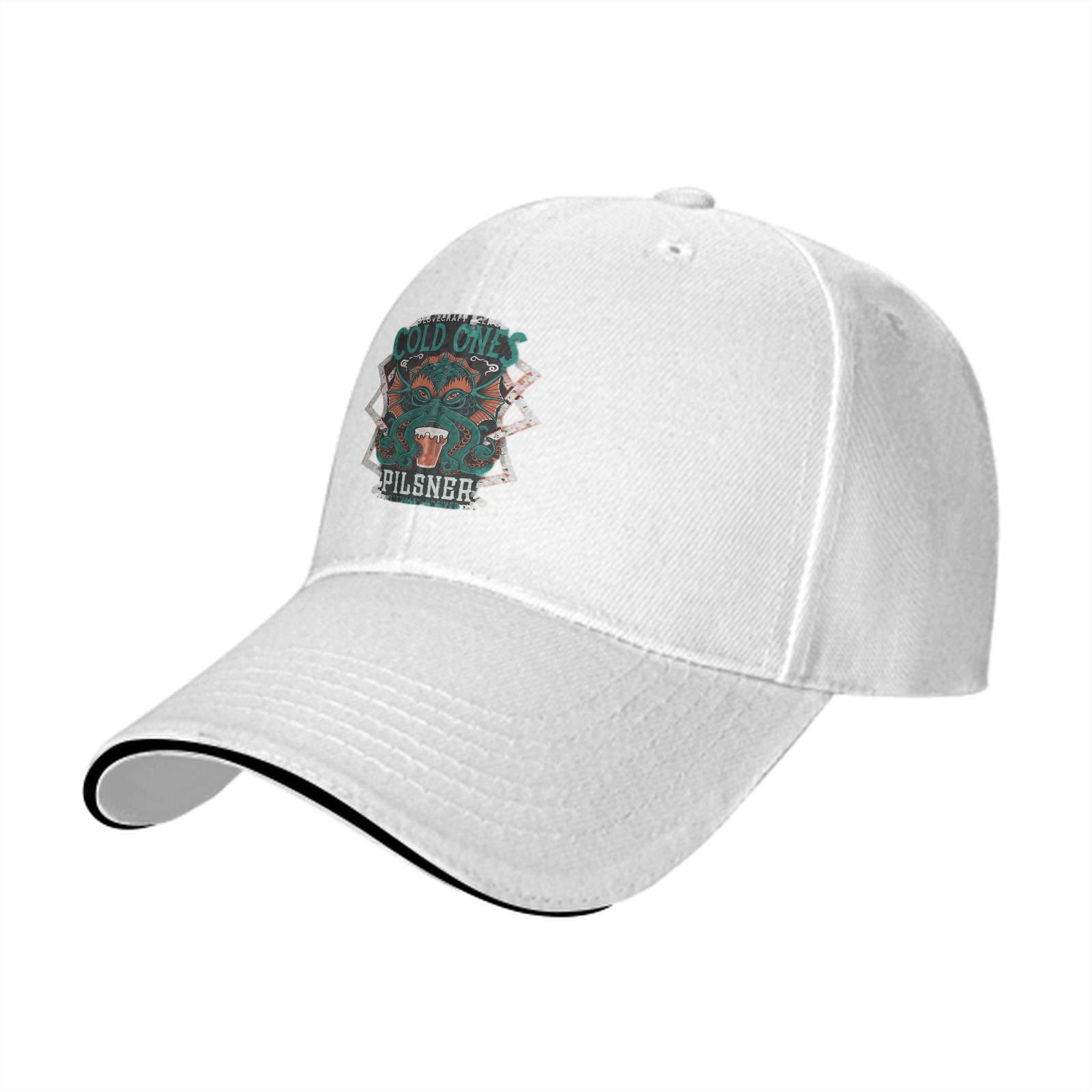 Black baseball cap with Cold Ones Pilsner Cthulhu graphic