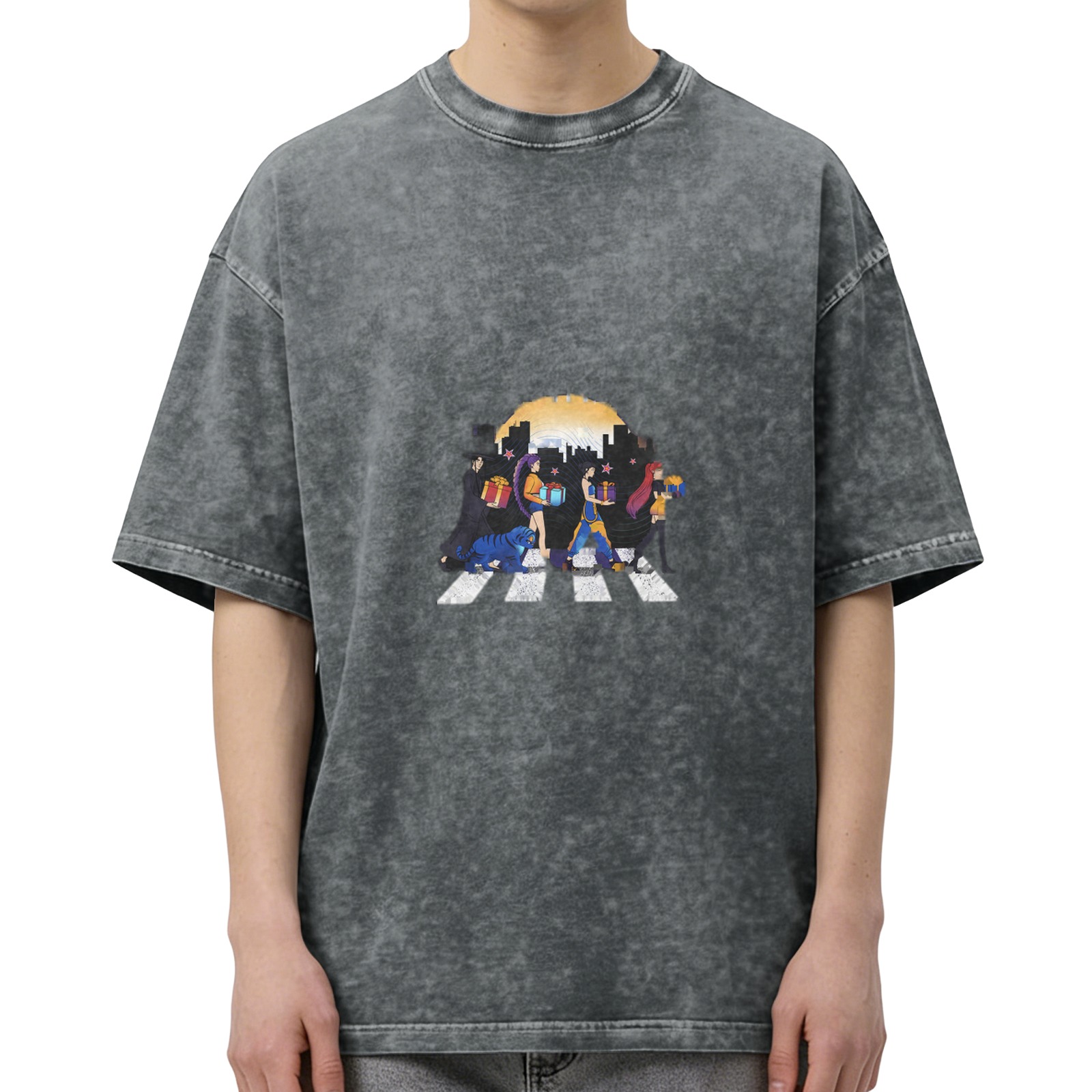 Washed black graphic t-shirt with crosswalk characters holding gifts