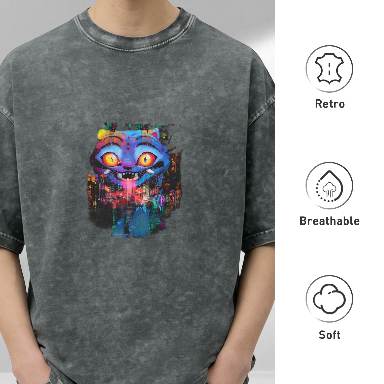 Oversized Acid Wash T-Shirt With Colorful Cheshire Cat Graphic