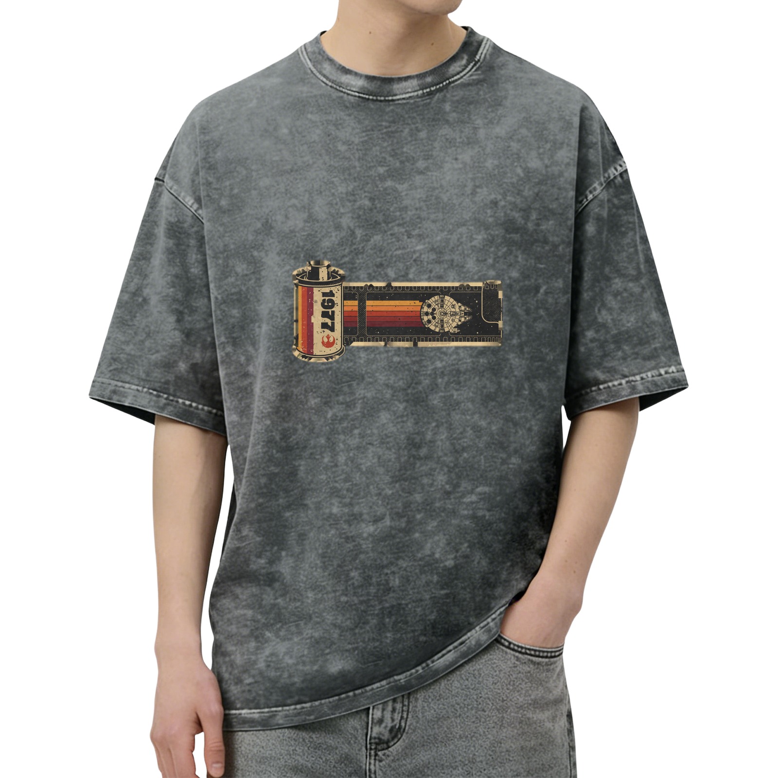 Oversized Acid Wash T-Shirt with 1977 Film Reel Graphic