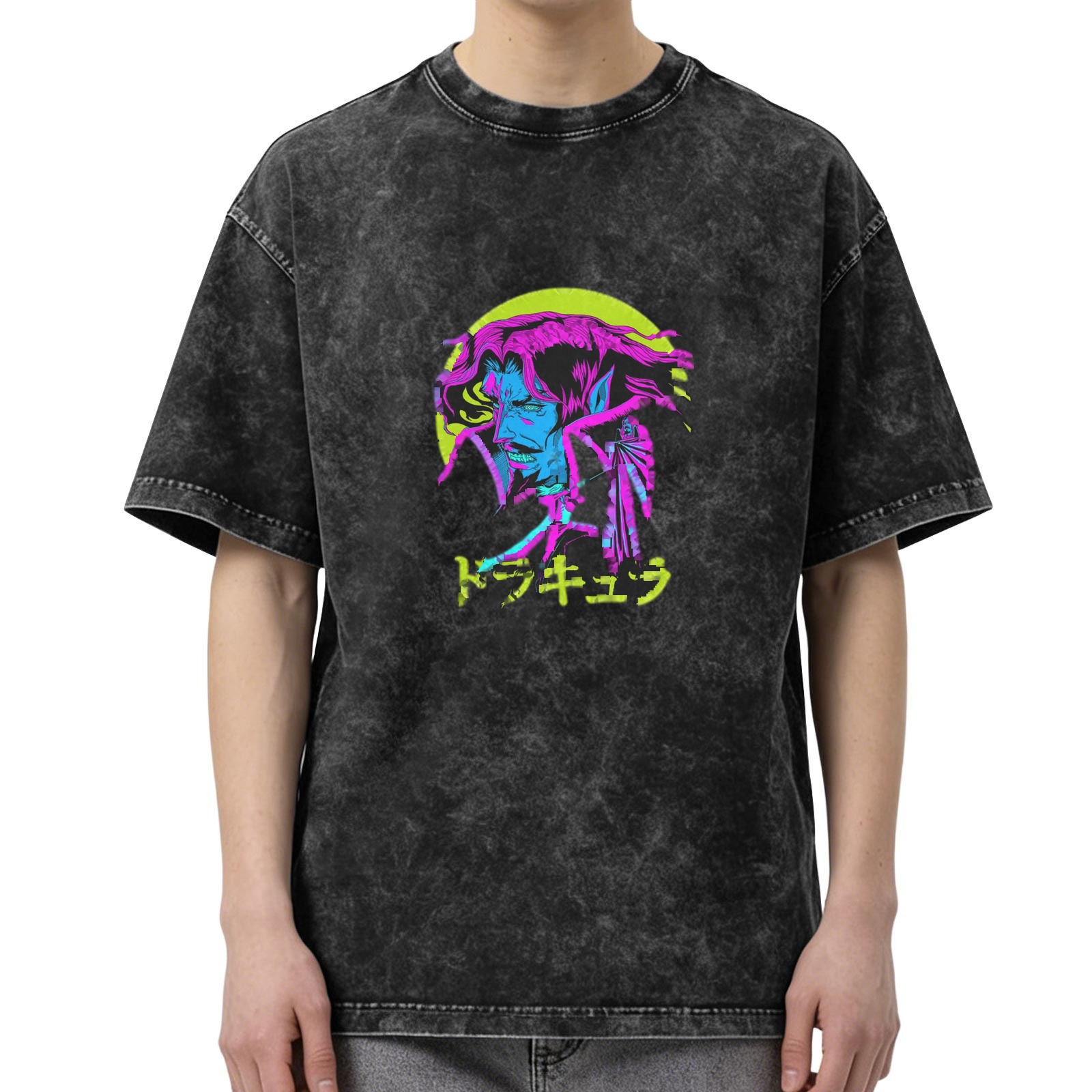 Distressed washed black loose short-sleeved T-shirt anime vampire Dracula neon style print Japanese Japanese design trendy brand top
