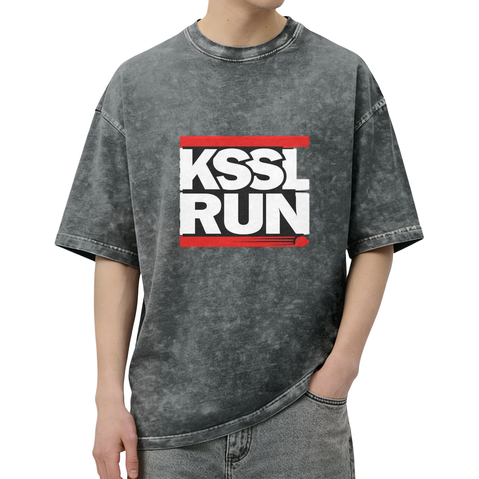 Oversized acid wash t-shirt with KSSL RUN graphic print