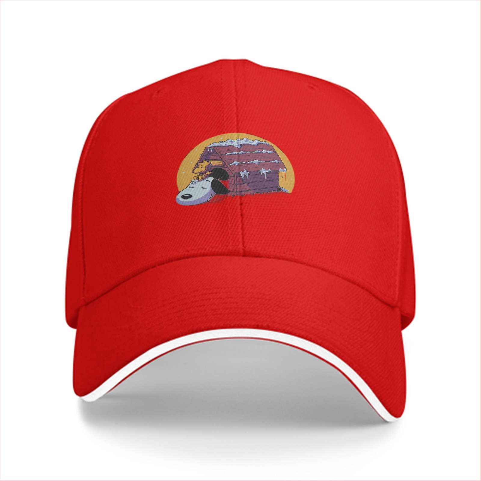 Black baseball cap with Snoopy and snow doghouse graphic