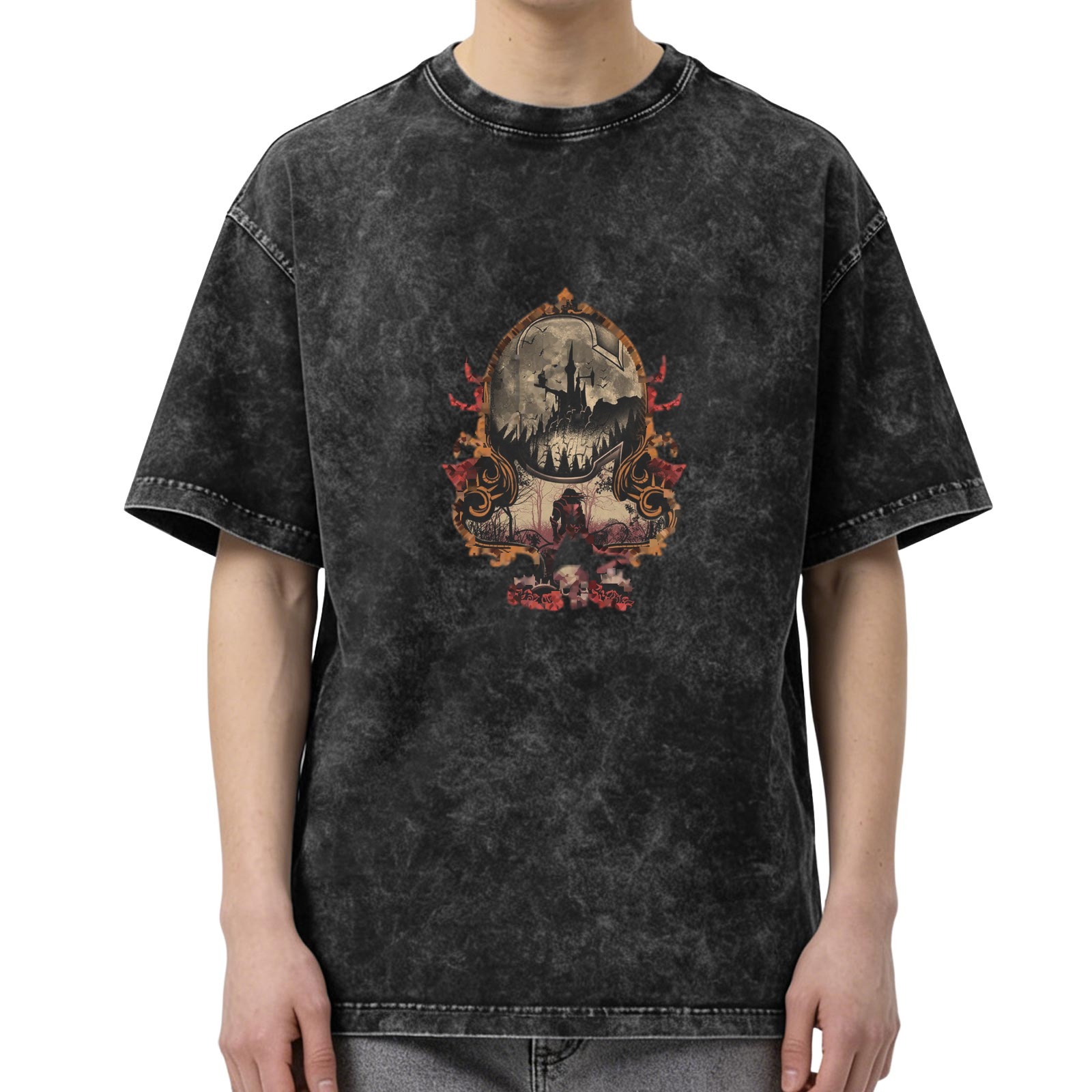Oversized Vintage Washed Black T-Shirt with Gothic Castle & Skull Graphic Print