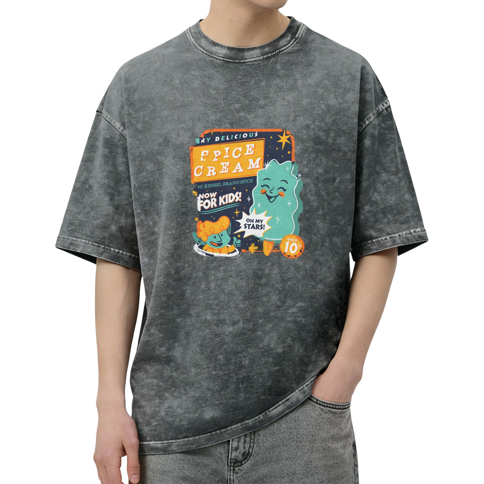 acid wash black t-shirt with retro space spice cream kids graphic