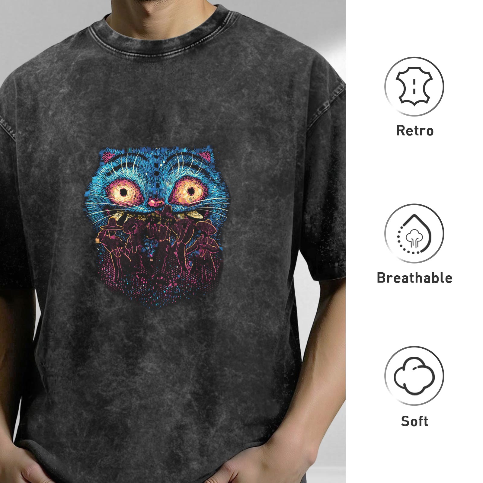 Oversized Acid Wash T-Shirt With Surreal Blue Cat Graphic
