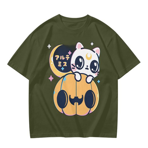 Cute white cat on jack-o'-lantern Halloween graphic tee