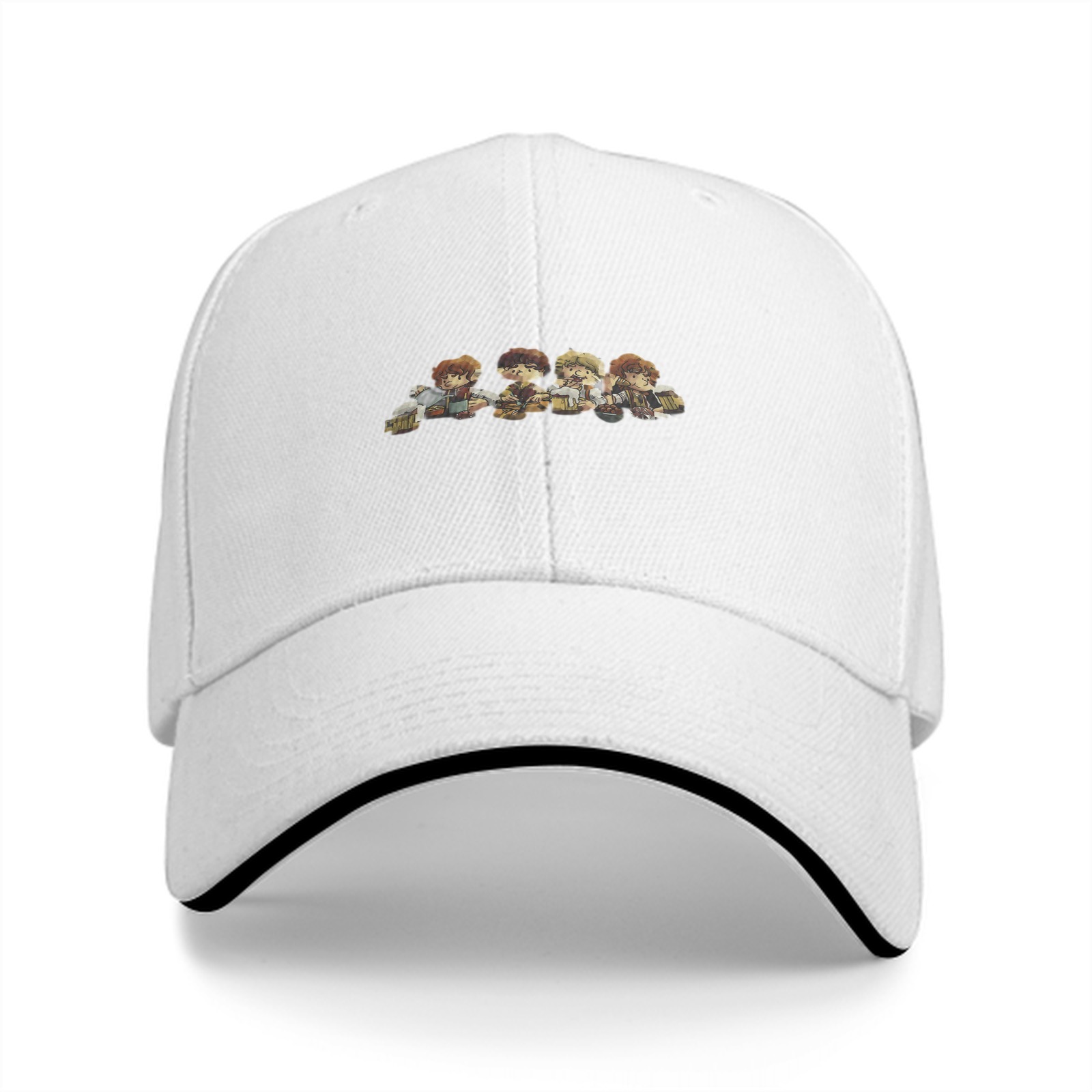 Black Baseball Cap With Four Fantasy Halfling Characters Print