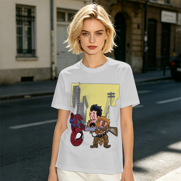Olive T-shirt with Spider-Man and Hunter Cartoon Print
