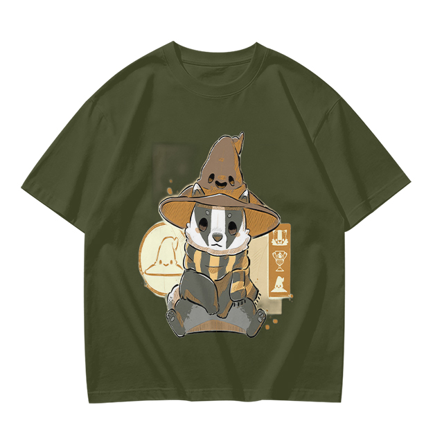Olive T-Shirt With Cute Wizard Badger Graphic Print
