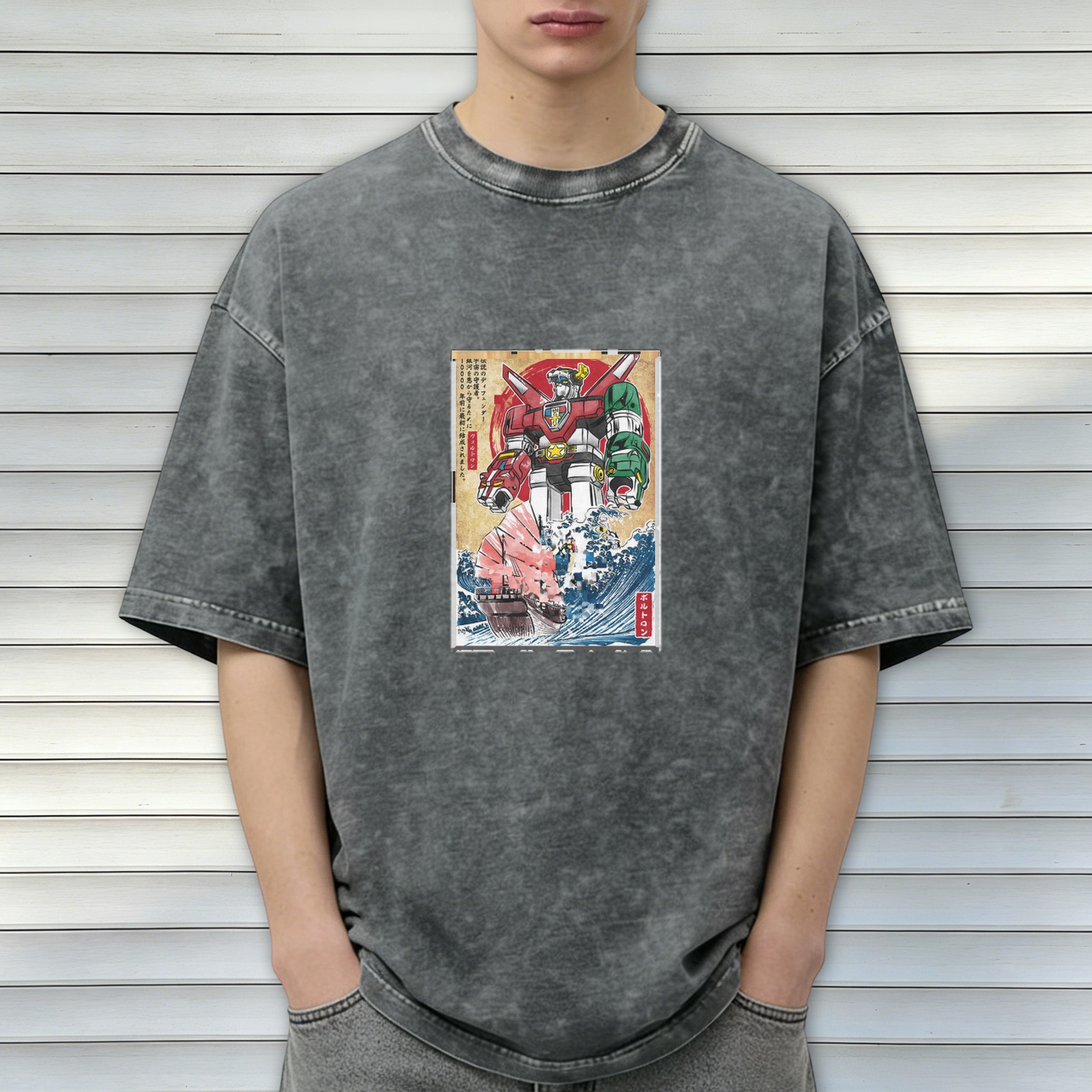 Oversized dark washed t-shirt with retro mecha robot and wave print