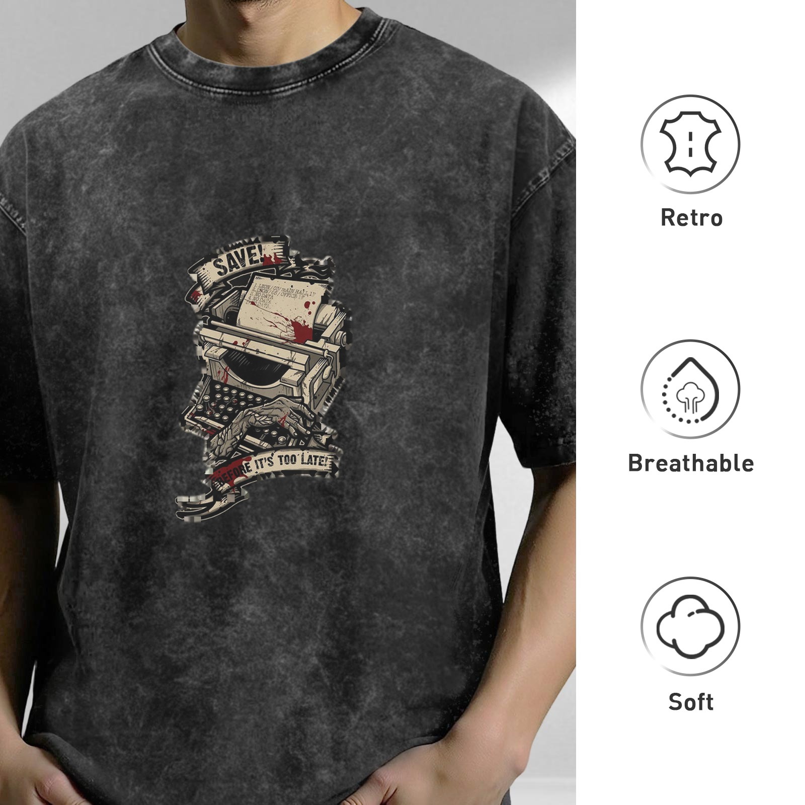 Distressed washed dark style typewriter printed short-sleeved T-shirt