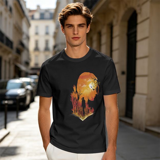 Olive T-Shirt with Sunset Lion Silhouette Graphic Print